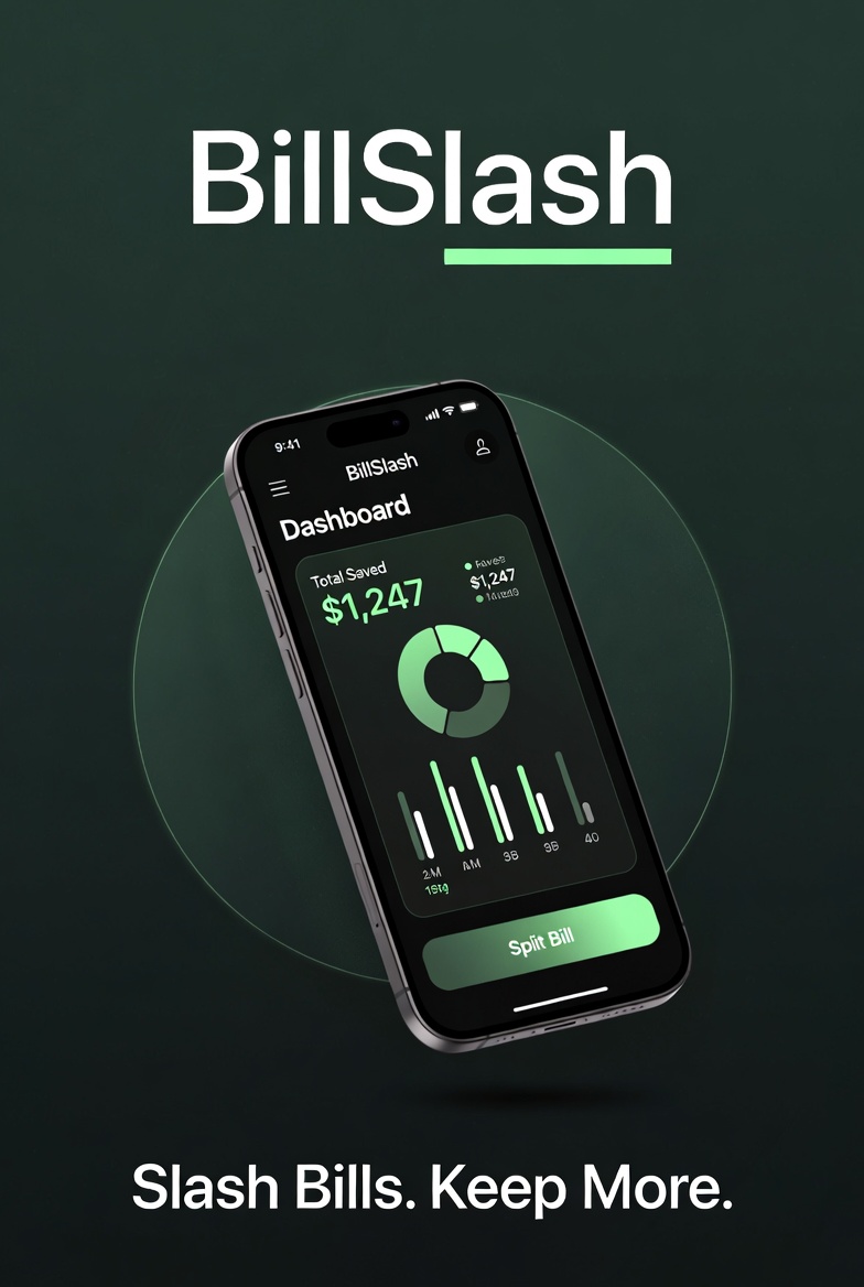 BillSlash phone dashboard showing total saved and split bill features